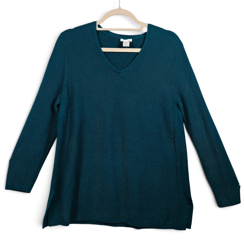 J. Jill Sweater Women Lrg V-Neck Teal Cotton Silk Wool Blend Side Slit Pullover